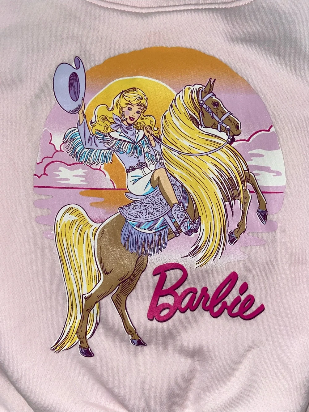 GAP Girls XS 4-5 Pink Barbie Cowgirl Horse Riding Graphic Crewneck Sweatshirt